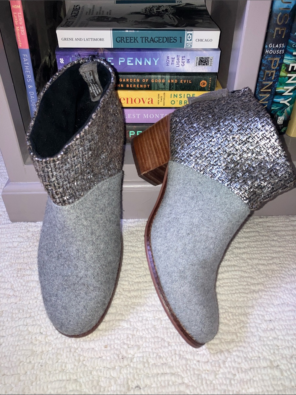 Toms Leila ankle boots gray felt & and shimmer with tassel zipper chunky heel 9
